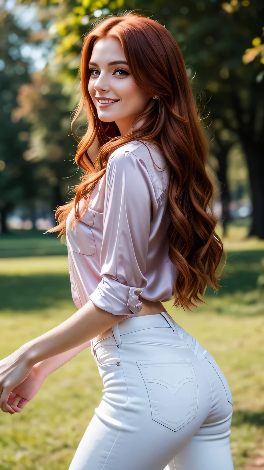 Realistic full body photo of a smiling, Young red-haired woman with long hair, She dances in front of the camera in a long, purple silk shirt and tight white jeans..., Park,glamour fotoshooting, Park, perfect anatomy, perfect green eyes. Perfect hands with 5 fingers on each hand, Matching girl, look into the camera, 1 Frau. (Eye make up:1.1), (highly detailed skin:1.1), spirit, analog style, keen focus, 8K  UHD, dslr, good quality, Fujifilm XT3, Grain, Award-winning, ​masterpiece. Park