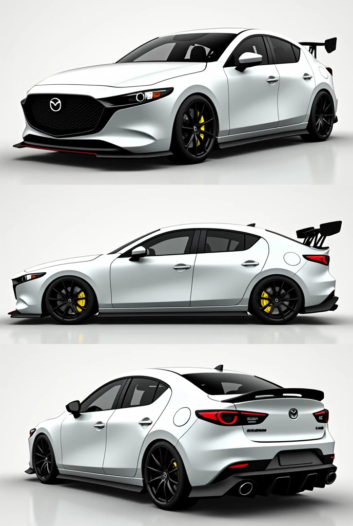 Realistic HD photo from different angles of a white Mazda 3 with gloss black rims and yellow calipers and a spoiler, Sporty diffuser and side skirts in carbon fiber