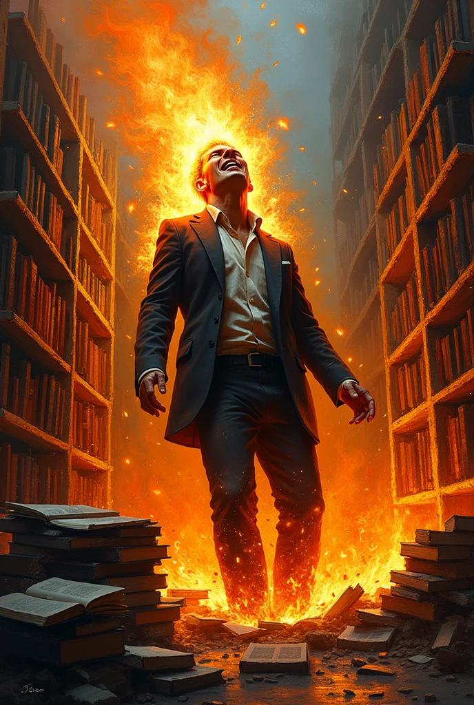 Make an image that represents expressionism where a bookseller is shown burning.
