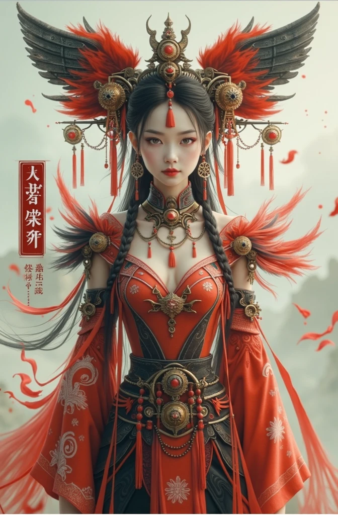 Chinese ink style,Steampunk world,Carved steampunk warframe girl,giant mechanical wings,Jet steam is suspended in the city air,Ink animation art,Ink comic art,water ink,ink,Smudge,8K,Delicately portrayed,Works of masters,Blood-red tones fantasy,whiteskin,whitepeople,blank background,light effect,wide_shot,lens_flare