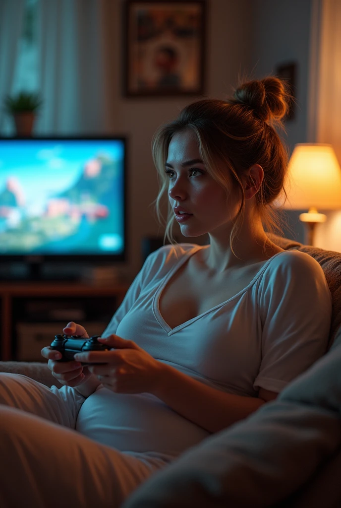 A big breasted girl is playing console games sitting on the sofa. eyes directed at the television screen, pale skin