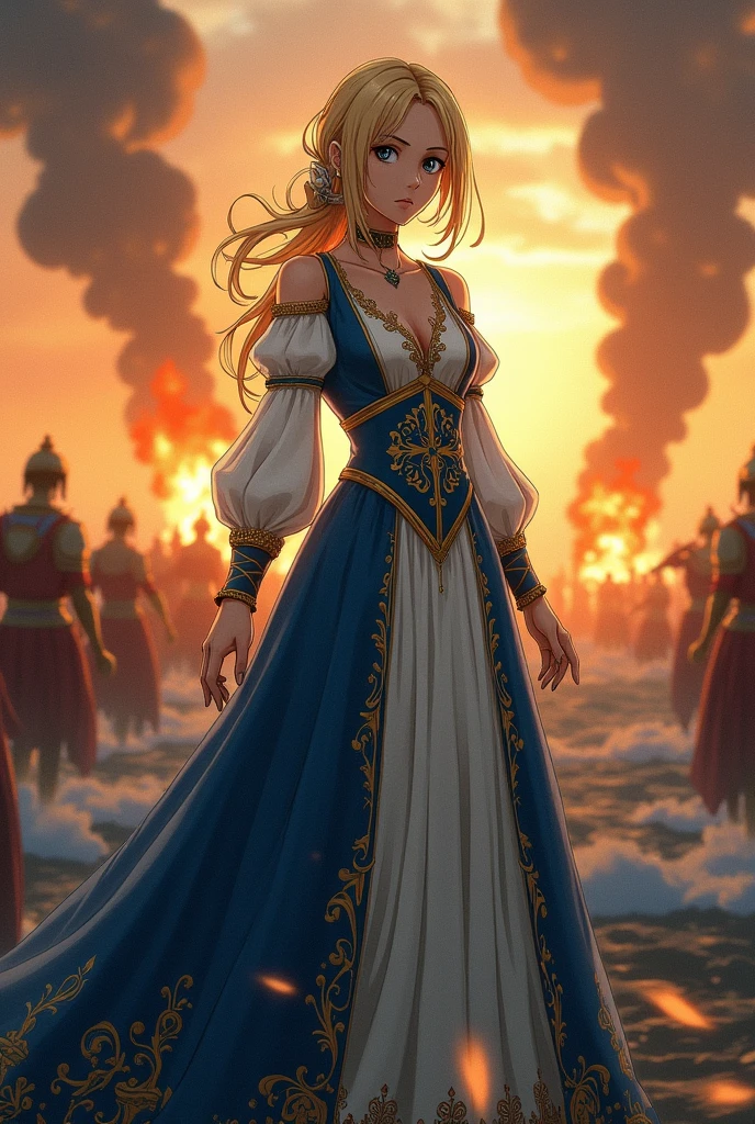 crie uma Imagem da personagem feminina Levy McGarden do anime Fariy Tail, in a medieval dress in front of a sea of fire and war