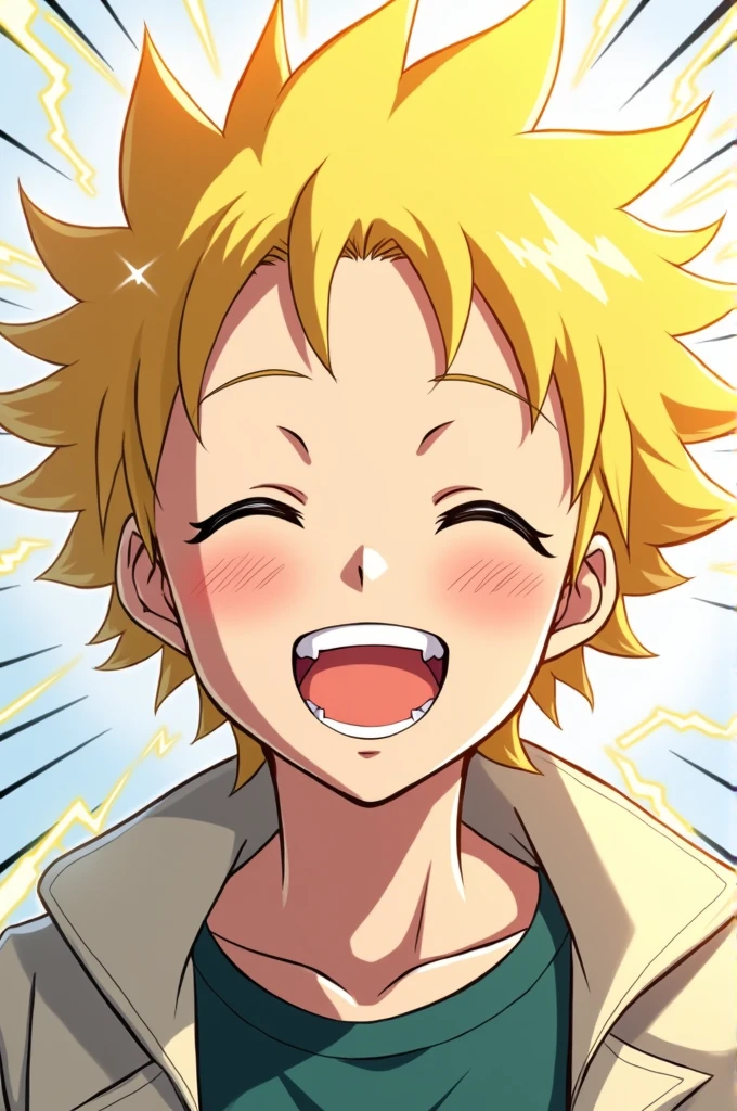 I want Denki keminari headshot in happy face expression and sparkling hair