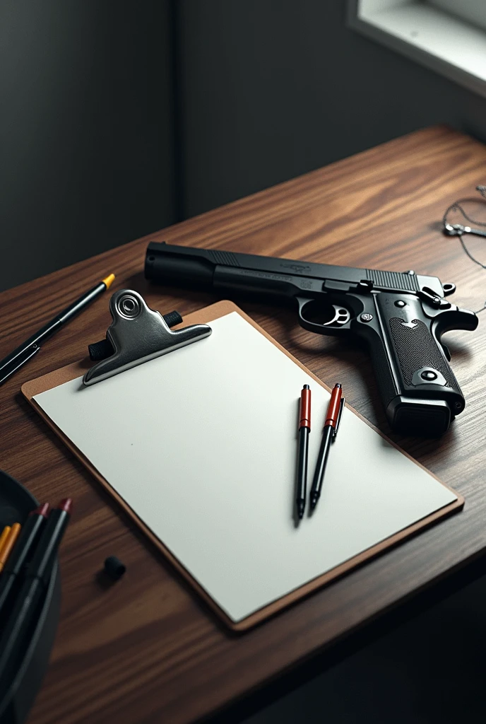 Clipboard on a table with pens and a gun next to it
