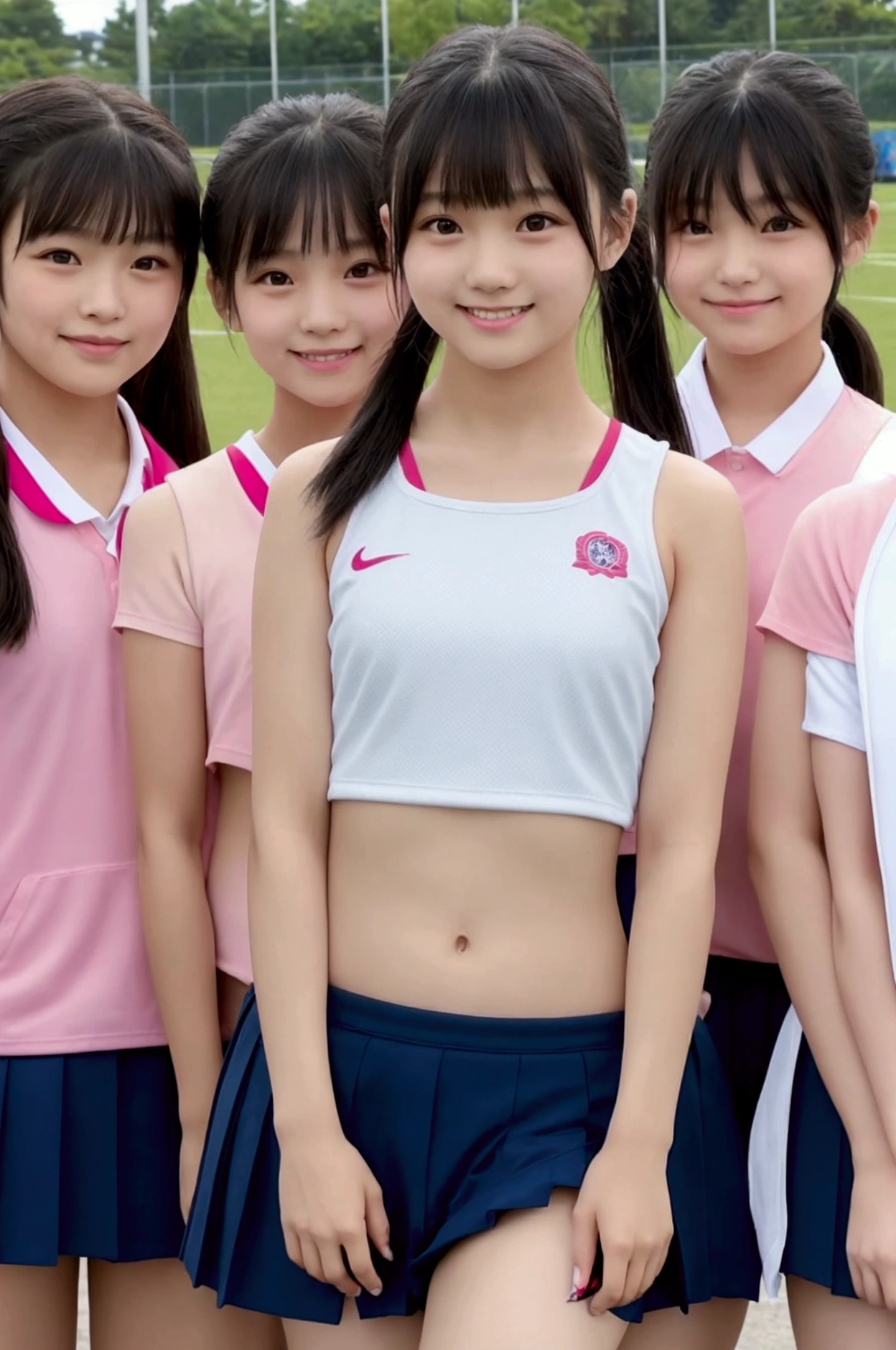 Japanese Elementary School Girls3group of people、Standing side by side、Cute round face、She is a member of the track and field club and wears a high-cut separate uniform.、smile、Belly button、short ponytail with black hair、bangs、Completely naked