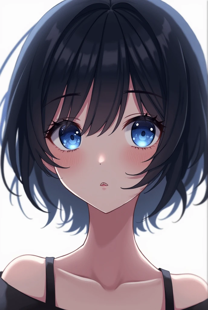 masterpiece, best quality, ultra detailed, best shadow, beautiful and detailed face, beautiful and detailed blue eyes, high contrast, 1 girl, (flat chest), short hair, black bare shoulders, white background: 1.3, (face focus: 1.3, closeup of eyes: 1.3), ((from behind: 1.3)), ass,