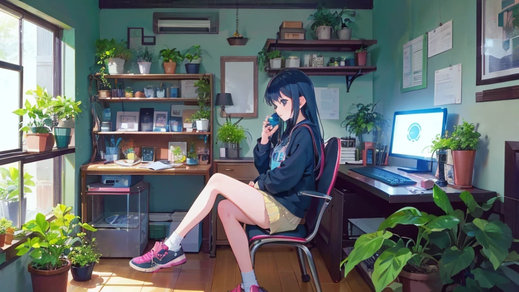 A age girl sits with a cat.,Happily listening to music at my desk.,In a quiet room filled with plants and cute decorations.