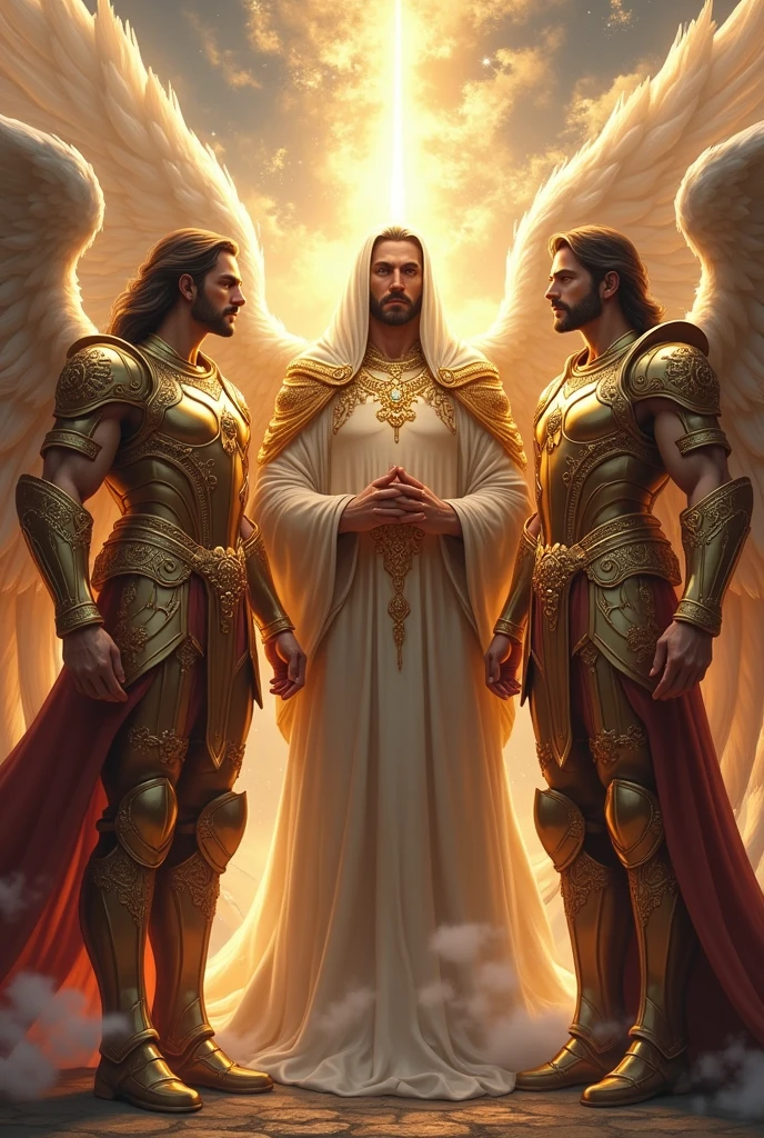 Male being Archangels in armor beside Jehovah 