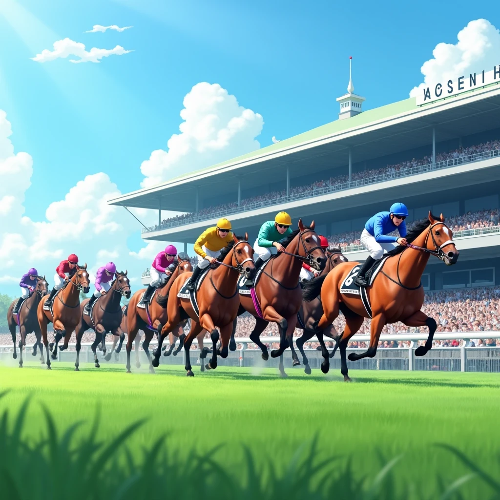 Tokyo Racecourse,Sunny,blue sky,12 horses in the race,The goal scene,Turf,A lot of people are watching,A lot of people,Running through the finish line,1 2 3 moves,Screen from the side,(Close-up),Detailed Images,,(Highest quality,High resolution,Masterpiece,8K,16K),Looking at the spectators from the arena,There is one spectator building.,Detailed digital art,