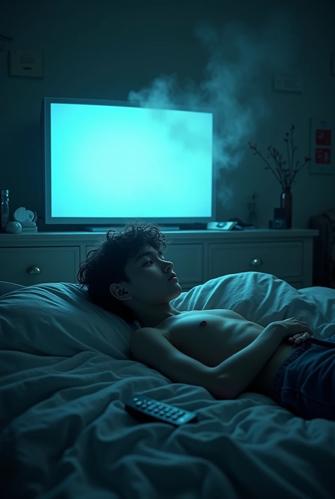 
"Draw a skinny teenager lying on his bed, with a relaxed expression on his face as he looks at a large television hanging on the wall in front of him. The room is dark, with only the light from the television illuminating his face and the untidy bed. Includes details such as wrinkled sheets, pillows scattered and a remote control fallen next to him and smoking marijuana."