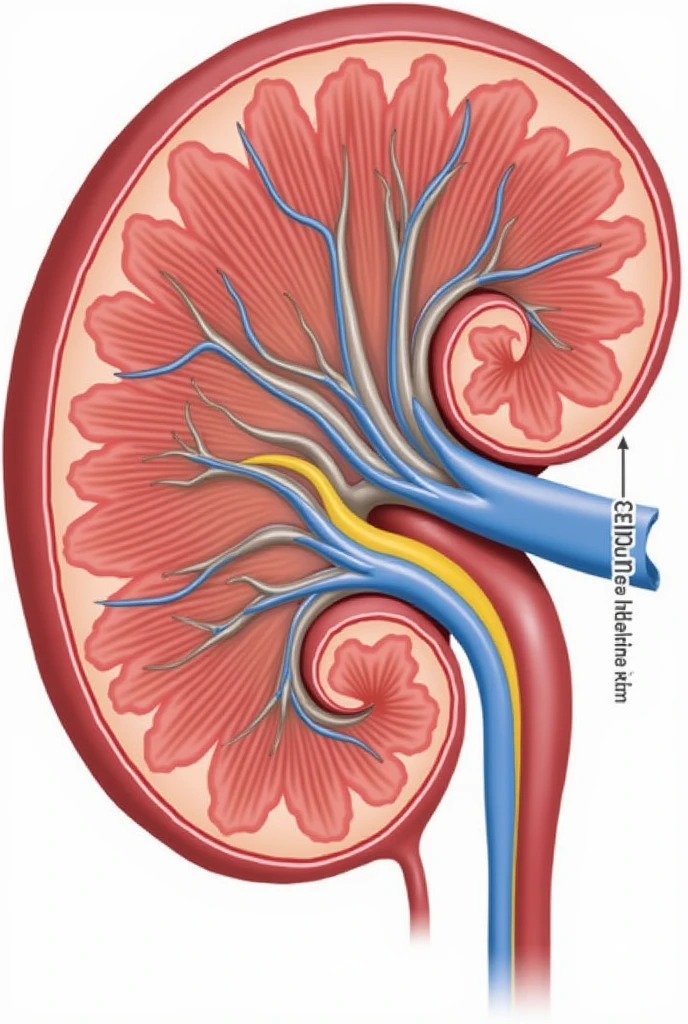 Realistic -Draw the renal glomerulus -Draw the afferent and efferent arterioles -Draw a pair of tubes coming out of the glomerulus.

   - In one of the tubules, Draw a “plug” or blocked area to show the obstruction of flow. Tag this as **“Lumen Flow Obstruction”**.

   - Draw the afferent arteriole with a larger diameter compared to the efferent arteriole. 

   - At the top of the kidney, Draw shaded areas in the renal cortex to show decreased perfusion. 

   - Draw an arrow from the afferent arteriole to the glomerulus to indicate that filtered flow continues but is decreasing.. 

   - Use red for arterioles and blood flow.
   - Use blue for glomerular filtration and Bowman&#39;s space.
   - Use yellow or grey for clogged and low flow areas.
