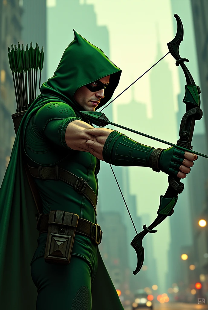 Create an image of the green arrow character with Pablo Marçal&#39;s clear face , shooting an arrow at President Luiz Inácio Lula 