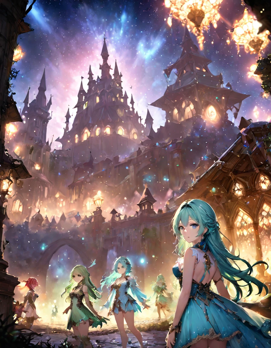 Highest quality、masterpiece、Very detailed、Finely detailed、High resolution、8k wallpaper、Fine and beautiful eyes、Three Girls(Red Haired Girl、Blue Hair Girl、Green-haired girl)、Fantasy、god々A beautiful castle is in the background.、Countless firefly-like lights are flying