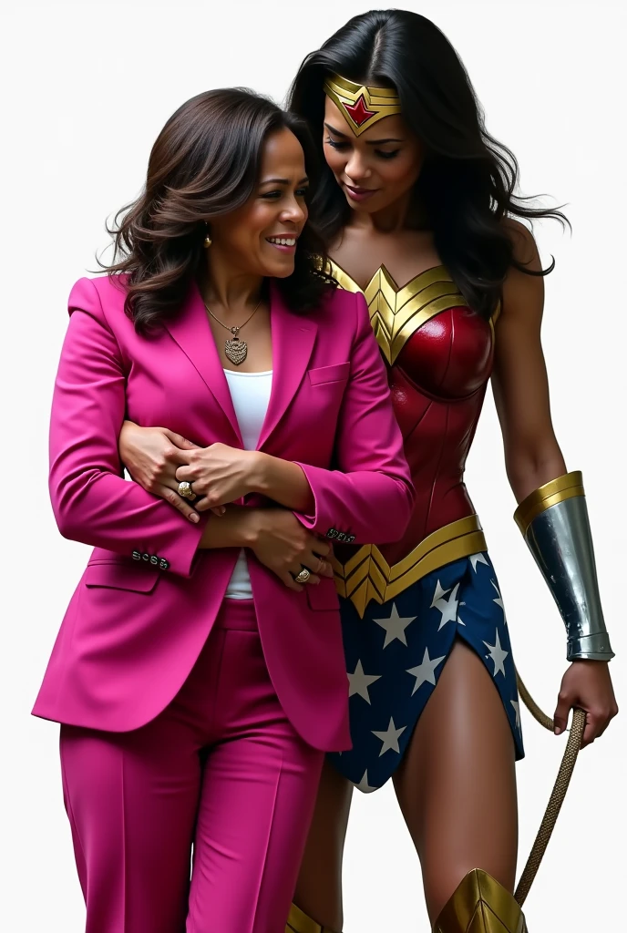 United States Vice President Kamala Harris who is wearing a Pink Suit and crying because she has been captured by TV Super Hero Linda Carter aka Wonder Woman who is holding her in her magic Lasso Rope tied around her for the Police for Lying to the American People. Kamala Harris is being interrogated and being forced to tell the truth. This scene has a transparent Background.