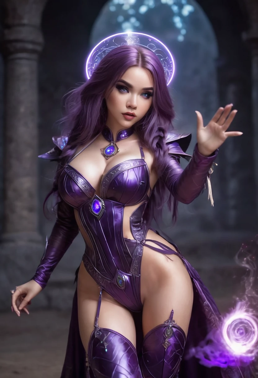 A cute woman with violet eyes and hair is in a sexy cute sorceress outfit, she is wielding a wand and shooting spells while striking sexy power poses, dark dungeon lit by spells