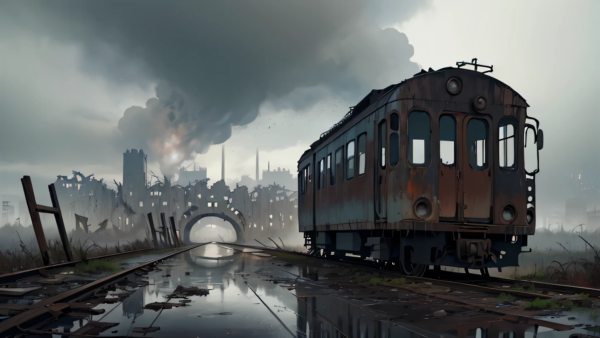 A train,Very shabby,Latter-day feeling,In the distance is the ruined city,Dark,The weather is gloomy