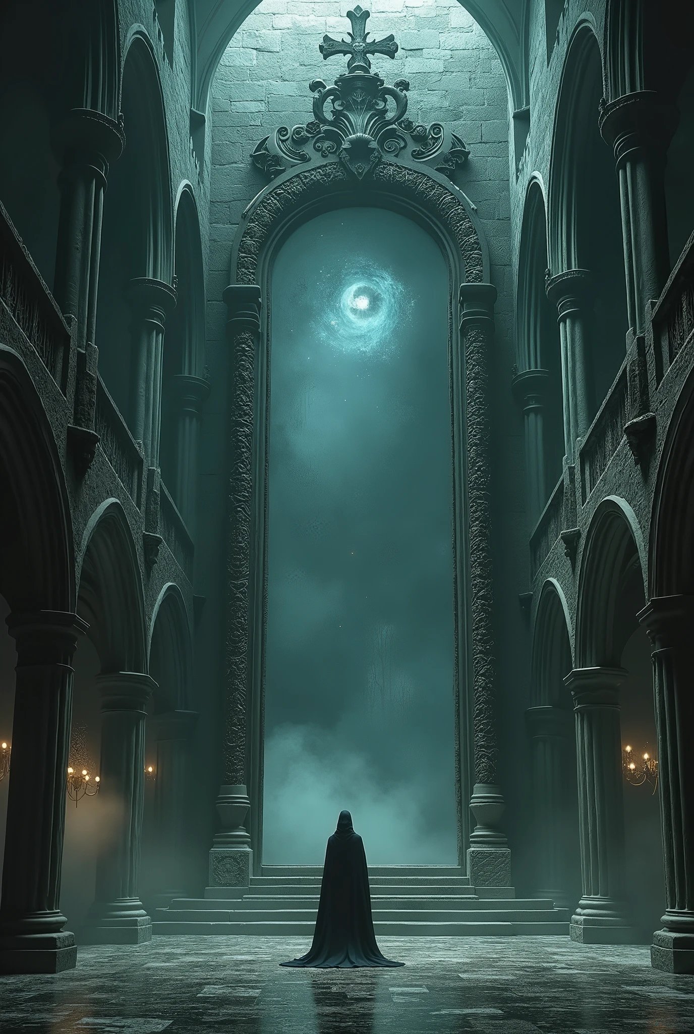 interior of a large spooky castle with a large mirror in the background

