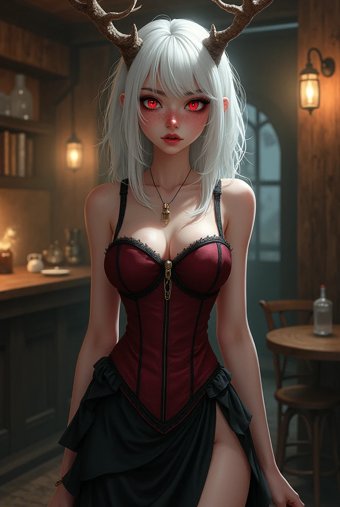 semi-realistic digital illustration, realistic lighting, best quality, 2, female, freckles scattered all over their body, hourglass figure, , curvy, red eye color, dead eyes, white eyelashes, young features, fluffy white hair, deer horns and deer tail, wears a fitted corset in deep burgundy, wears a flowing black skirt with a high slit, detailed backdrop: tavern, Solo, High Resolution, 