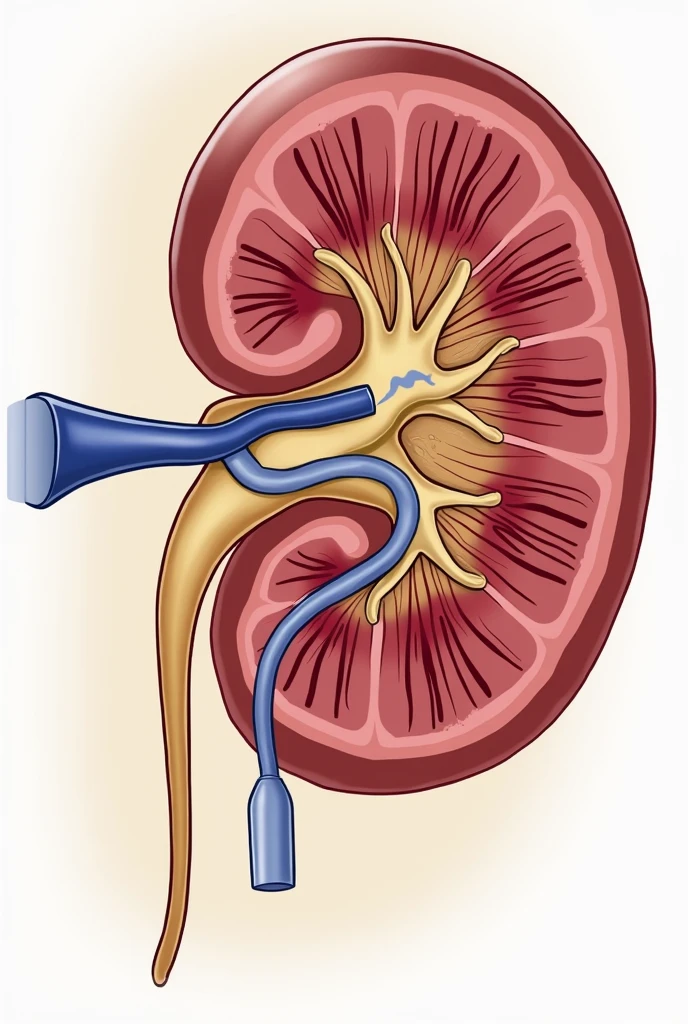 Realistic -Draw the detailed renal glomerulus -Draw the afferent and efferent arterioles -Draw a pair of tubes coming out of the glomerulus.
- In one of the tubules, Draw a “plug” or blocked area to show the obstruction of flow.
- Draw the afferent arteriole with a larger diameter compared to the efferent arteriole.
- At the top of the kidney, Draw shaded areas in the renal cortex to show decreased perfusion.
- Draw an arrow from the afferent arteriole to the glomerulus to indicate that filtered flow continues but is decreasing..
- Use red for arterioles and blood flow.
- Use blue for glomerular filtration and Bowman's space.
- Use yellow or grey for clogged and low flow areas.