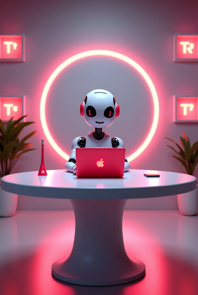 "Create a modern studio scene with a sleek design. At the front and center of the scene, place a stylish table. Behind the table, position a futuristic AI avatar with a friendly appearance. On the table, place a red laptop and a microphone in front of the avatar's mouth. Behind the avatar, slightly elevated, add a prominent circle with the initials 'RT' clearly visible inside the circle. Ensure the circle and the 'RT' are well-lit and stand out. On the right side of the avatar, place a box containing a silver play button, and on the left side, place another box containing a gold play button. The overall setup should be clean, modern, and visually appealing, with all elements clearly visible and well-positioned." Avatar our real jase kar do our studio ko bhi ghar jase look de do 