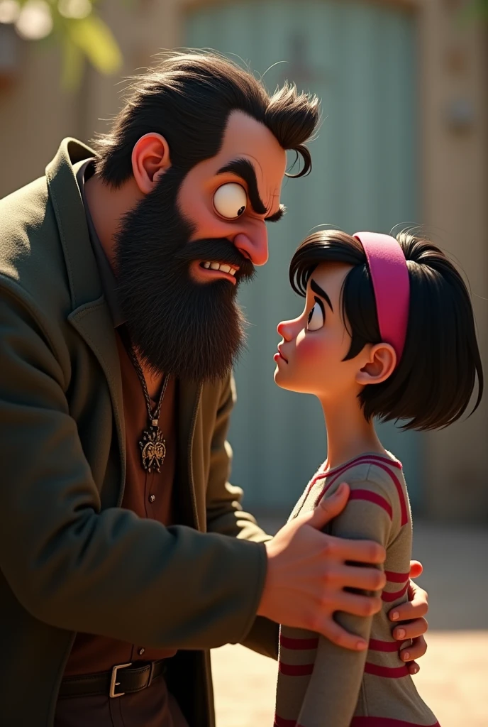 An angry man with a big beard and 1 blind eye scolding a woman with short black hair and a pink headband, black coat and striped blouse, she is sad, disney pixar style.