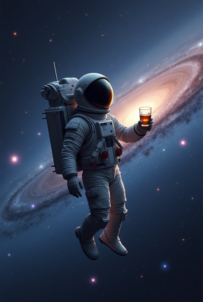 Create an astronaut traveling in the Milky Way with a whiskey in his right hand
