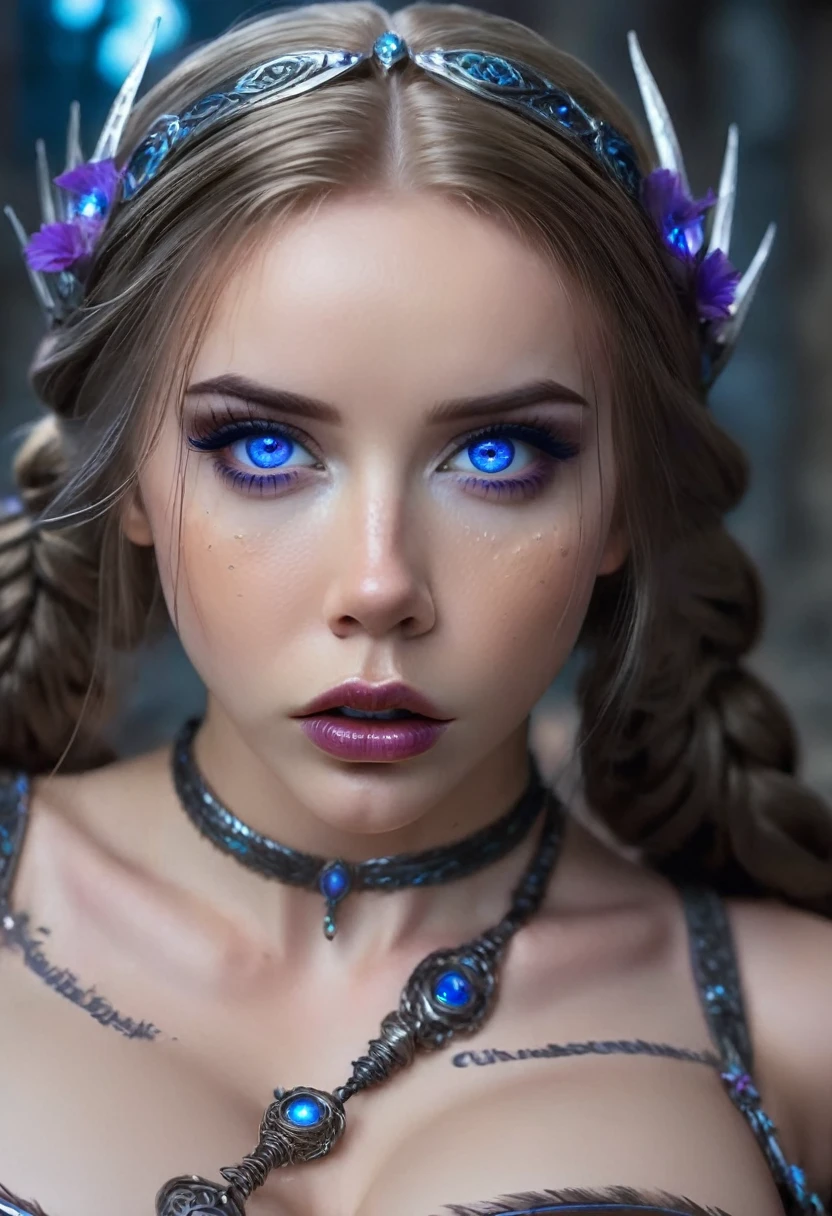 a cute woman with violet eyes and hair, sorceress outfit, wielding wand, casting spells, sexy power poses, dark dungeon, spell lighting, detailed face, beautiful blue eyes, pouty lips, long eyelashes, highly detailed, masterpiece, 4k, photorealistic, fantasy, magic, dramatic lighting