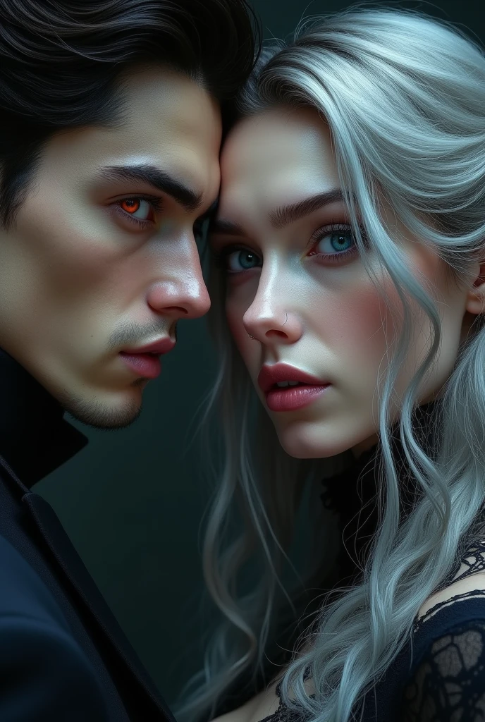 Raven Lucian, at 25, is a strikingly handsome man with piercing red eyes that burn with an inner fire. He sports impeccably tailored dark suits that accentuate his sharp, defined features. His neatly trimmed dark hair complements his constant, unsettling smirk. With a smooth, chilling voice, he exudes both youthful elegance and a menacing edge. And Edura's face is a portrait of both elegance and sorrow. Her skin, though pale from days of confinement, retains a delicate fairness that hints at her once-cherished beauty. High cheekbones and a finely shaped jawline give her face a refined structure, softened by a look of weariness and quiet strength. Her eyes are strikingly blue, like deep, tranquil lakes, reflecting both her inner turmoil and an enduring spirit. They hold a weariness that comes from her suffering but are also sharp with a flicker of determination. They seem to search the shadows of her predicament, constantly assessing and planning her next move. Her silver hair, though once radiant, now falls in disarray around her shoulders. The strands, which should have shimmered with a luminous sheen, are now tangled and dulled by neglect. The silver color still catches the faint light, giving her an almost ethereal glow Book cover Sexual