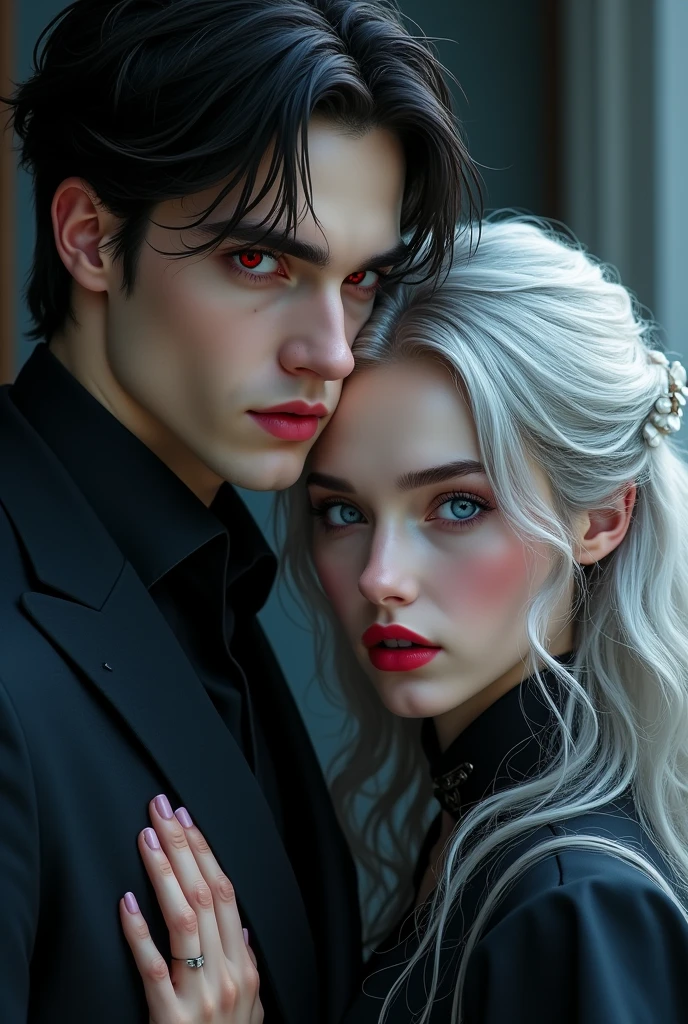 Raven Lucian, at 25, is a strikingly handsome man with piercing red eyes that burn with an inner fire. He sports impeccably tailored dark suits that accentuate his sharp, defined features. His neatly trimmed dark hair complements his constant, unsettling smirk. With a smooth, chilling voice, he exudes both youthful elegance and a menacing edge. And Edura's face is a portrait of both elegance and sorrow. Her skin, though pale from days of confinement, retains a delicate fairness that hints at her once-cherished beauty. High cheekbones and a finely shaped jawline give her face a refined structure, softened by a look of weariness and quiet strength. Her eyes are strikingly blue, like deep, tranquil lakes, reflecting both her inner turmoil and an enduring spirit. They hold a weariness that comes from her suffering but are also sharp with a flicker of determination. They seem to search the shadows of her predicament, constantly assessing and planning her next move. Her silver hair, though once radiant, now falls in disarray around her shoulders. The strands, which should have shimmered with a luminous sheen, are now tangled and dulled by neglect. The silver color still catches the faint light, giving her an almost ethereal glow Book cover Sexual 