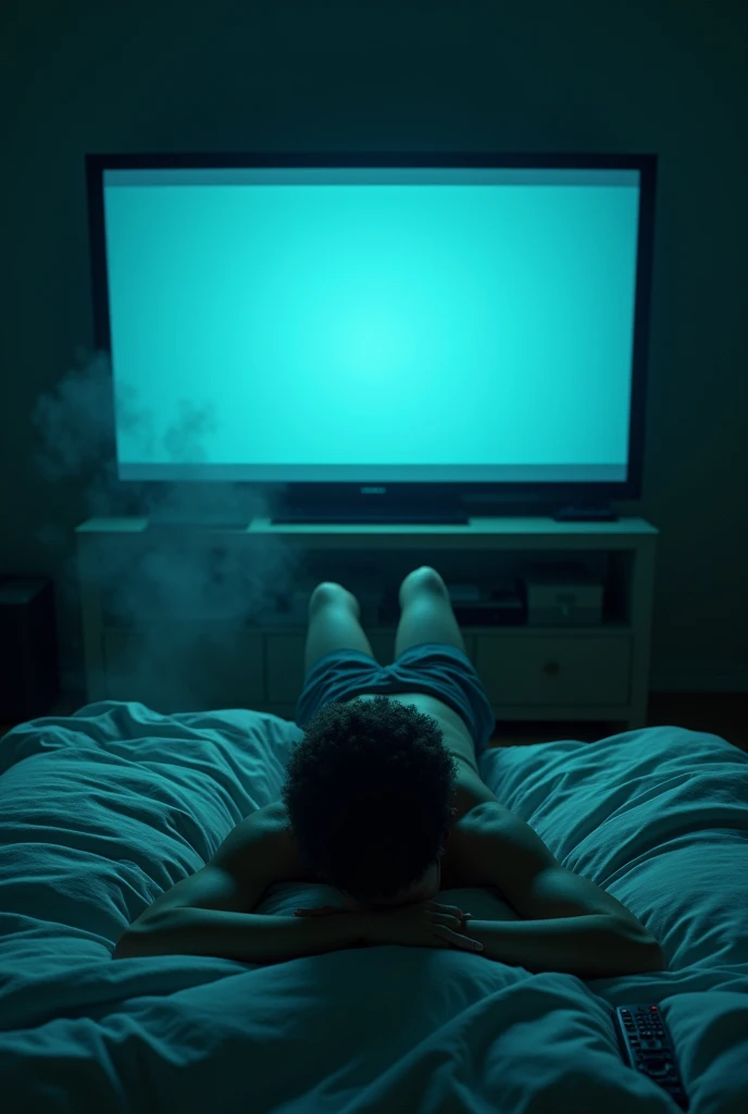 
"Draw a skinny teenager lying on his bed, with a relaxed expression on his face as he looks at a large television hanging on the wall in front of him. The room is dark, with only the light from the television illuminating his face and the untidy bed. Includes details such as wrinkled sheets, pillows scattered and a remote control fallen next to him and smoking marijuana."