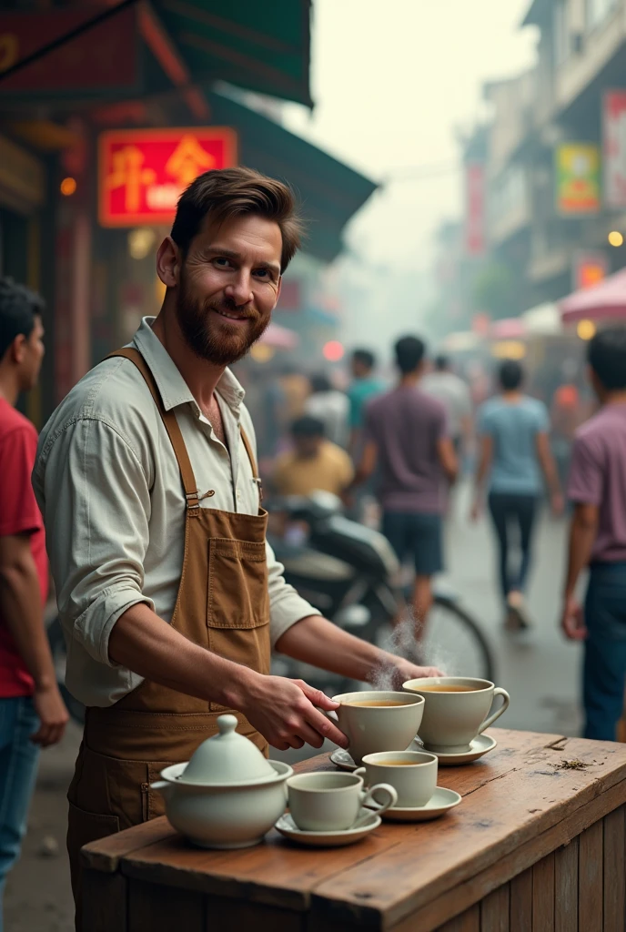 Messi as a tea seller beside the road