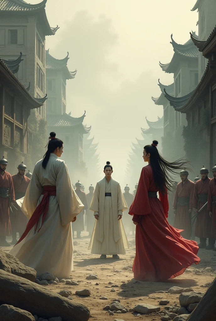 A young man and a young woman with beautiful faces and fierce expressions, dressed in dark blue and red of the Han Fu Dynasty officials, lead soldiers to inspect an abandoned village with no people on the road. They found a young man with a cold face, dressed in white, standing across the air filled with dust and fog, and ancient ruins, all realistic in every detail.