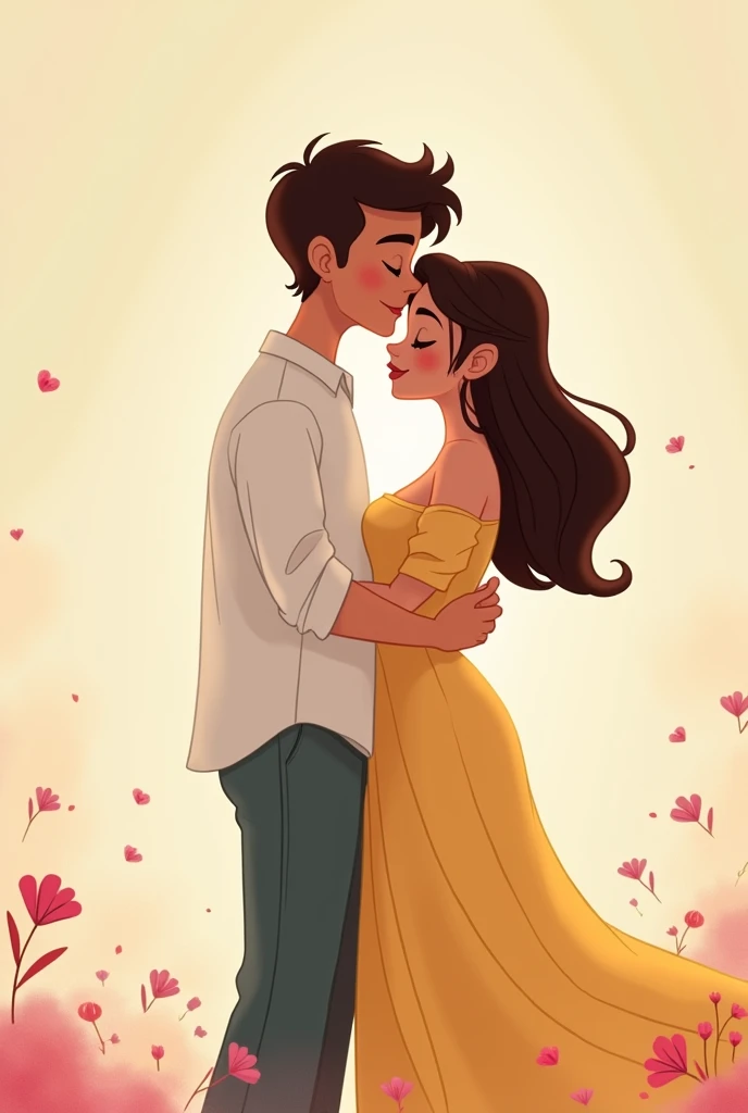 Disney animated drawing of a couple wearing loose clothing and short haired chubby man