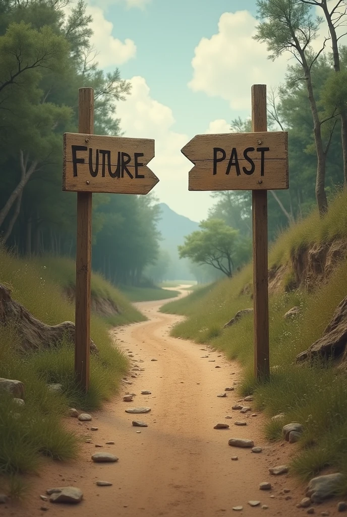 A path that forks with signs indicating "future" and "Past" ,simbolizando los cambios and el progreso a lo largo del tiempo , of the constitution of 1824 , Put something related to Mexico