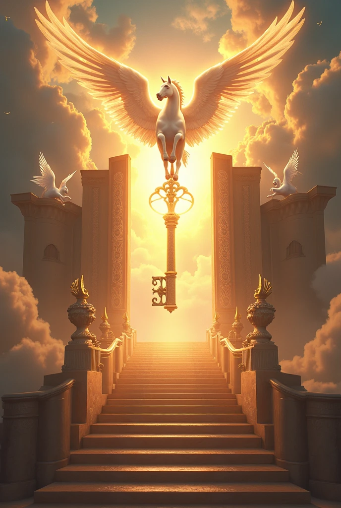 Heavens gate with stairs, horses flying, big key, bible and angels flying