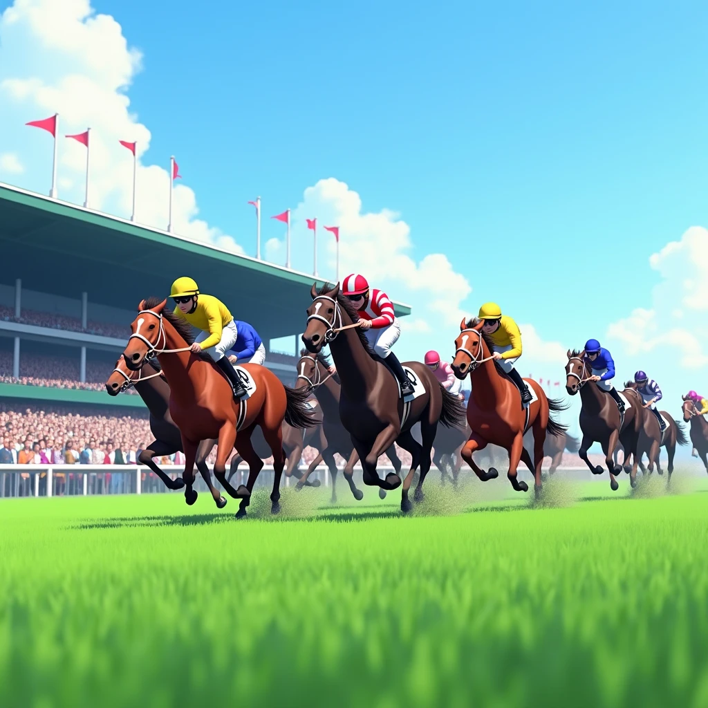 Tokyo Racecourse,Sunny,blue sky,12 horses in the race,The goal scene,Turf,A lot of people are watching,A lot of people,Running through the finish line,1 2 3 moves,Screen from the side,(Close-up),Detailed Images,,(Highest quality,High resolution,Masterpiece,8K,16K),Looking at the spectators from the arena,There is one spectator building.,Detailed digital art,