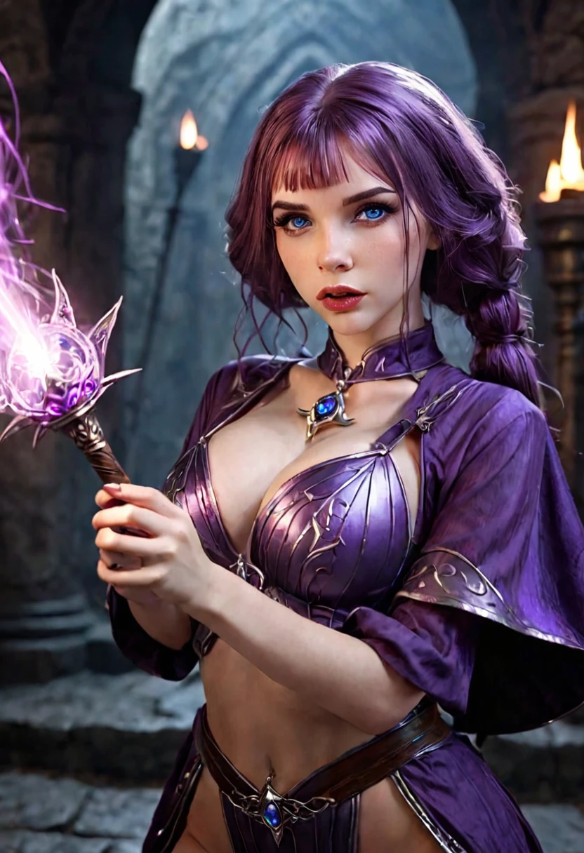 A cute woman with violet eyes and hair, beautiful detailed eyes, beautiful detailed lips, long eyelashes, sexy cute sorceress outfit, wielding a wand, shooting spells, striking sexy power poses, dark dungeon, lit by spells, (best quality,4k,8k,highres,masterpiece:1.2),ultra-detailed,(realistic,photorealistic,photo-realistic:1.37),vibrant colors,cinematic lighting,highly detailed fantasy art