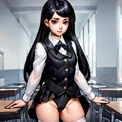 masterpiece, high quality, girl in school skirt and white tights, beautiful figure, slender legs, thin waist, black hair, shirt & vest, stands in the classroom, sexy legs, bulging big breasts, girl lifts her skirt to her panties