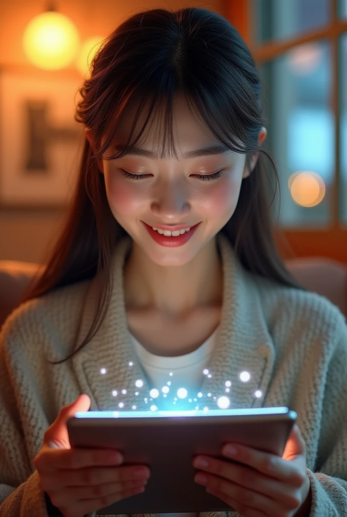 Korean girl, happy expression, looking at tablet, good things coming out from screen, photorealistic, 8k, highres, detailed face, beautiful detailed eyes, beautiful detailed lips, extremely detailed facial features, long eyelashes, beautiful young woman, relaxed pose, vibrant colors, warm lighting, intricate details, 3d render, volumetric lighting, cinematic composition, photographic composition, masterpiece, stunning, highly detailed, photorealistic, award winning