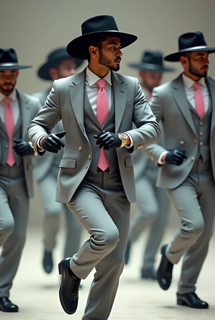 Group of young indigenous men dancing in light grey suits, black hat with lead trim, baby pink tie, White shirt, and black scarf, black shoes and leather gloves. 