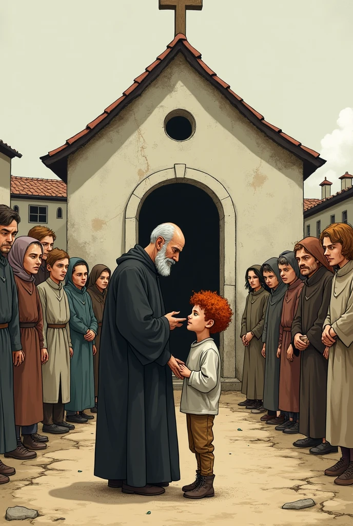 Super simple drawing of a single priest dressed in black and with black hair next to a  orphan boy, curly hair and red sweatshirt outside a small church in a town and with a crowd watching them 

