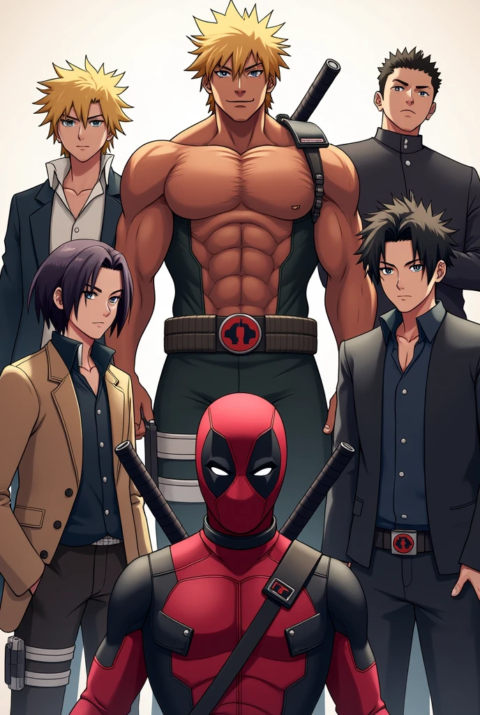 A group of characters from different universes are gathered: Bakugou Katsuki in his hero suit and intense expression, Eijiro Kirishima with his robust appearance and friendly smile, Shoto Todoroki with his two-tone hair and determined expression, Itachi Uchiha in his dark suit and serious look, and Deadpool with his red and black suit and casual attitude. Everyone is standing together, Showing a mix of dynamic and friendly poses in a neutral setting