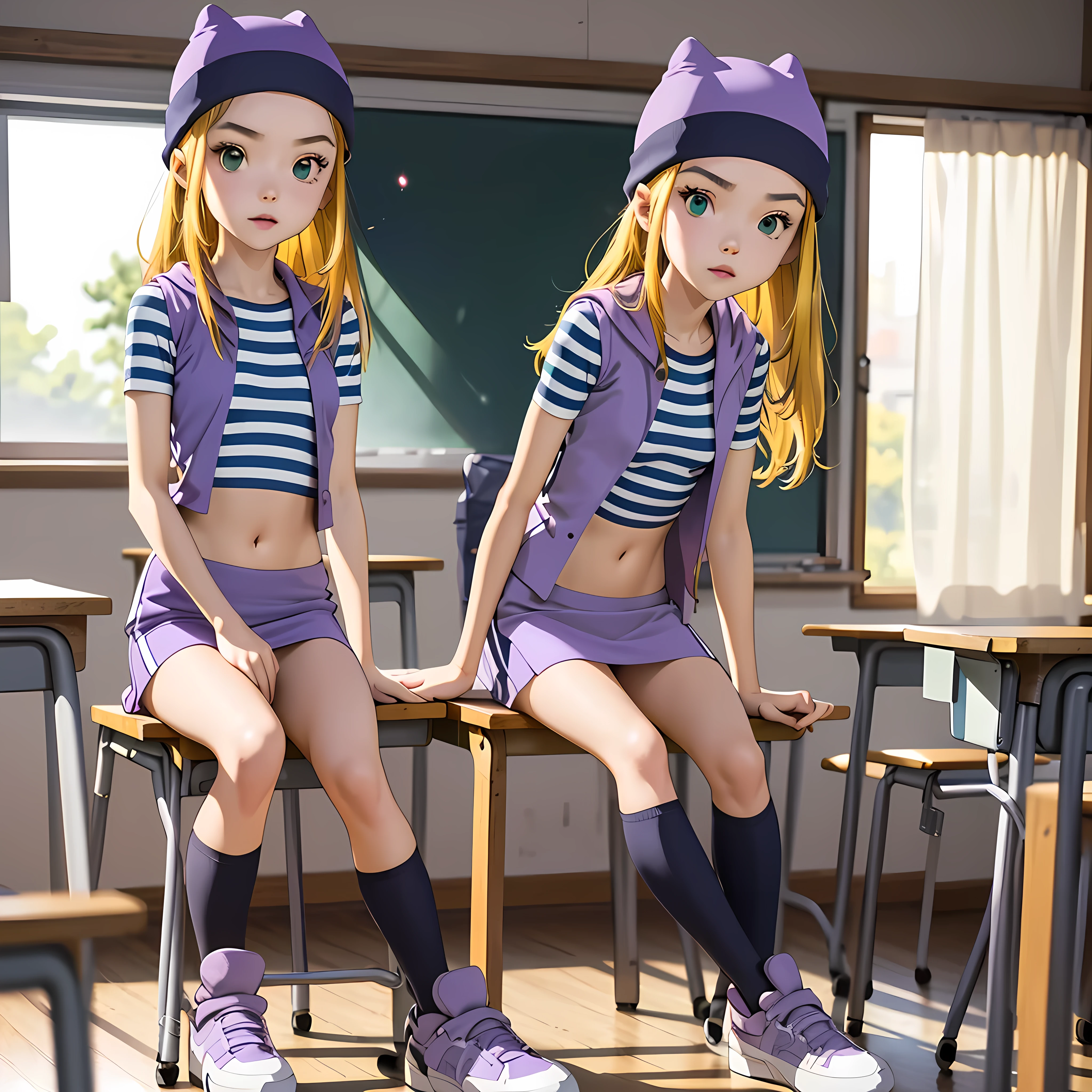 (masterpiece, best quality), 1girl, izumi Orimoto, indoors, classroom, seated, green eyes, blonde hair, long hair, purple beanie, purple vest, purple miniskirt, blue white striped shirt, long purple socks, sneakers, purple vest, striped shirt, navel shirt, small size breast, cute pose