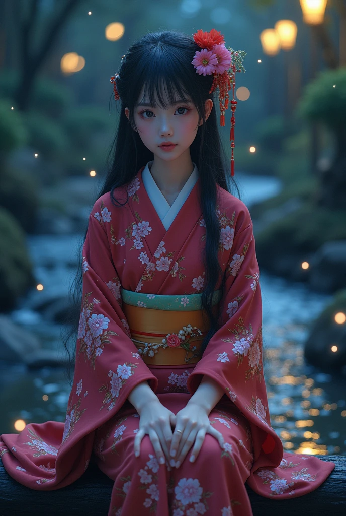 (masterpiece,best quality:1.4),(8k,raw photo,photo realistic:1.2),shiny skin,detailed skin,detailed face,detailed eyes,Detailed hands,Detailed Background、1girl,Japanese idol,(beautiful face),(Shining Eyes:1.1),、、Symmetrical eyes、、Great background、Great location、((Japanese Yukata))、(Detailed and very cute,,Junior idol,)、Mysterious夜,Fireflies flying around in the stream,The light emitted by fireflies,Full body portrait,,Mysterious,Charming girl sitting,nswf,sexy Instagram style