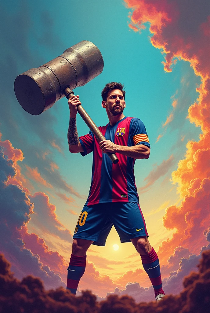 Messi with a big hammer background must be colourful