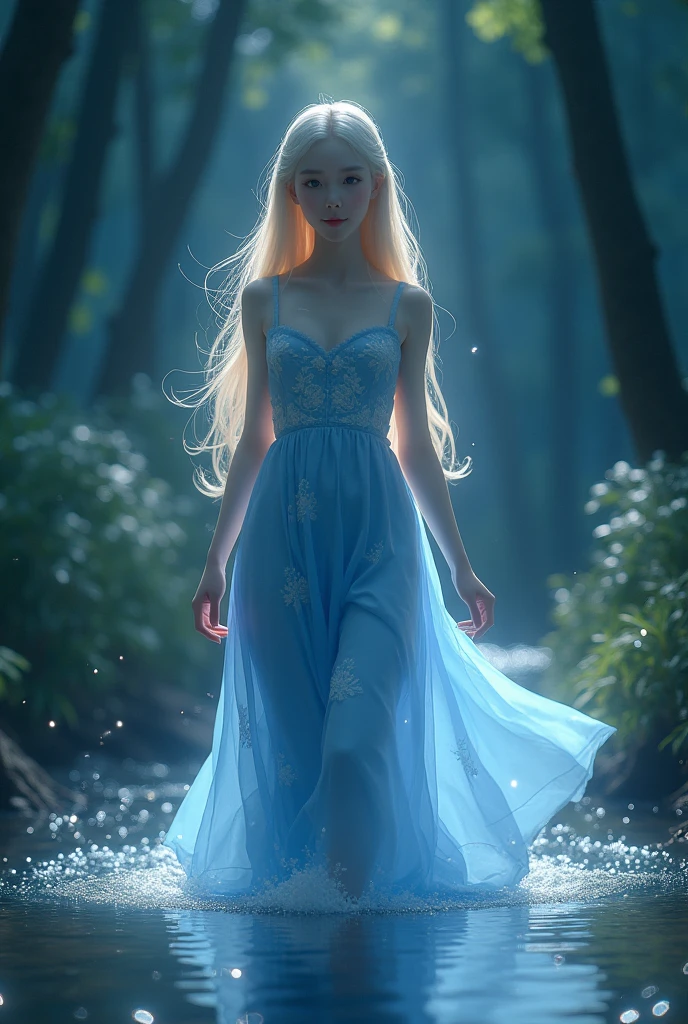 a girl in a blue dress, walking through a stream that glows softly at night, with ethereal lights floating around and moonlit trees. long blonde hair, pale skin, KOREAN, closeup, wearing medium blue dress with white prints, ((photorealistic))