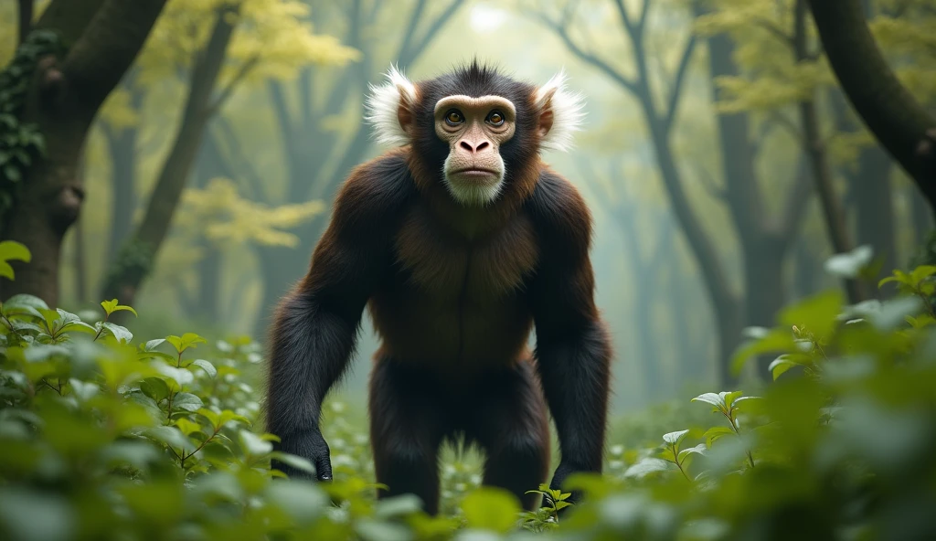 Facing the Panorama，There is a wild beast in the osmanthus forest，Looks like a brown monkey but has white ears，Standing upright like a human（best quality，4K，8k，High level，masterpiece：1.2），Ultra Detailed，（lifelike，Photo real，Photo real：1.37）
