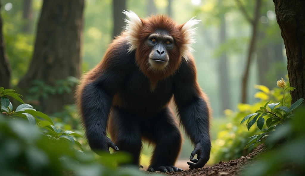 Facing the Panorama,There is a wild beast in the osmanthus forest,Looks like a brown monkey but has white ears,Standing upright like a human(best quality,4K,8k,High level,masterpiece:1.2),Ultra Detailed,(lifelike,Photo real,Photo real:1.37)