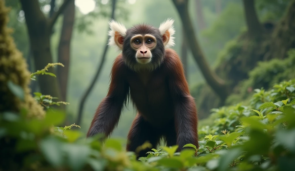 Facing the Panorama，There is a wild beast in the osmanthus forest，Looks like a brown monkey but has white ears，Standing upright like a human（best quality，4K，8k，High level，masterpiece：1.2），Ultra Detailed，（lifelike，Photo real，Photo real：1.37）