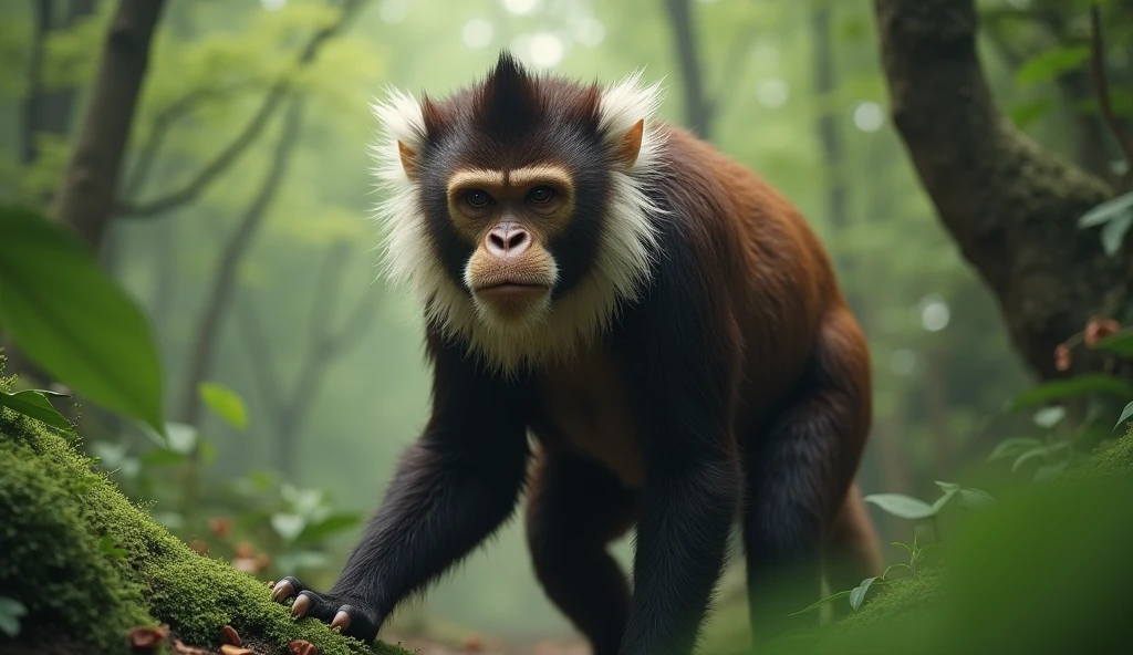 Facing the Panorama,There is a wild beast in the osmanthus forest,Looks like a brown monkey but has white ears,Standing upright like a human(best quality,4K,8k,High level,masterpiece:1.2),Ultra Detailed,(lifelike,Photo real,Photo real:1.37)